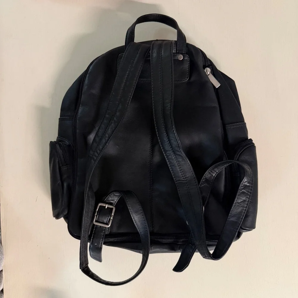 Vintage Genuine Leather Black Backpack Made in Colombia Multi Pocket Travel Bag